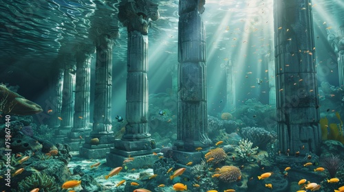 Sunken Atlantis marble columns colorful fish algae high-angle mystical ambiance