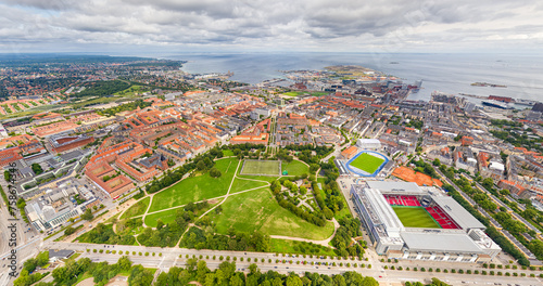 Copenhagen, Denmark. Panorama of the city in summer. Cloudy weather. Aerial view