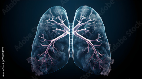 Human lungs and bronchi in x-ray view on a dark isolated background. Bronchial tree on an X-ray image