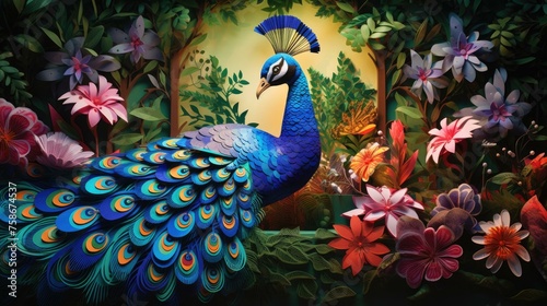 A painting of a blue peacock in a garden surrounded by flowers. Generative AI.
