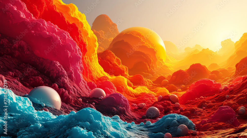 Vibrant Neogeo art style abstract landscape with gradient colors and futuristic elements