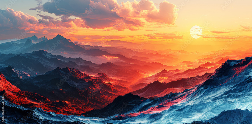 Fiery sunset over mountain peaks with a striking gradient backdrop