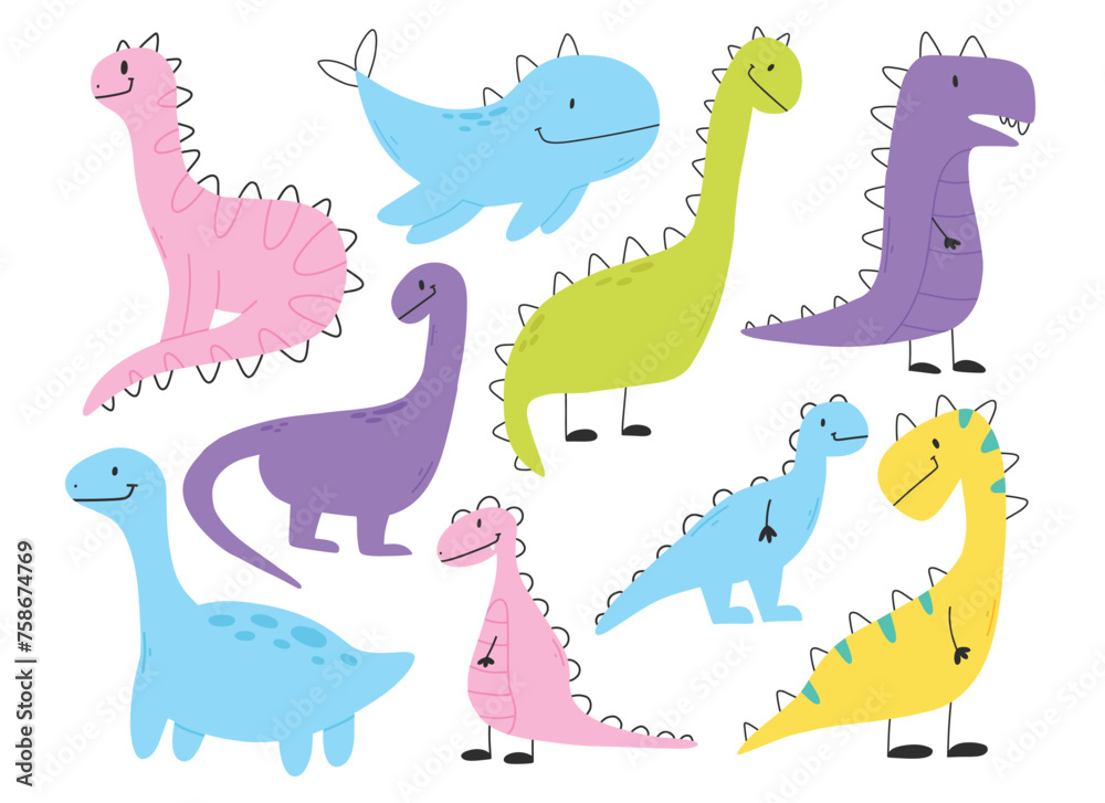 Set of cute dinosaurs in scandinavian style. Collection of baby dino isolated on white background. Vector illustration.