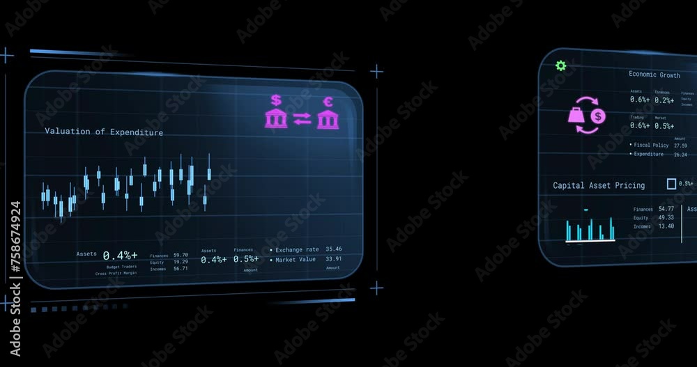 Animation of screens with banking data over black background Animation of screens with banking data over black background
