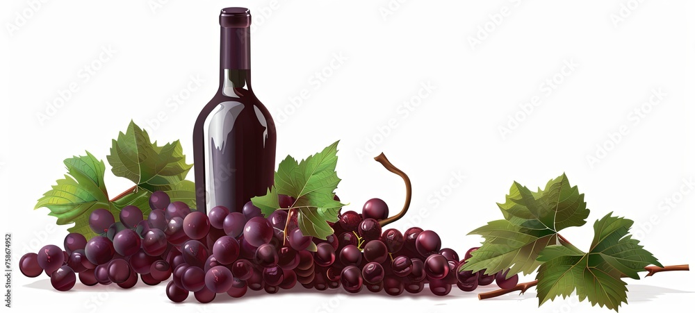 A bottle of red wine with ripe grapes and green grape leaves on a white background. no text on labels. generative ai