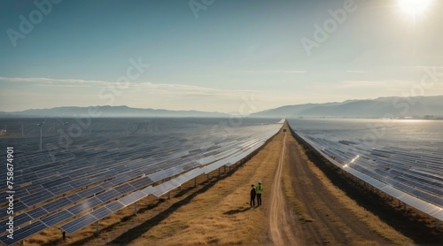 A man walking down a dirt road next to rows of solar panels. Generative AI.