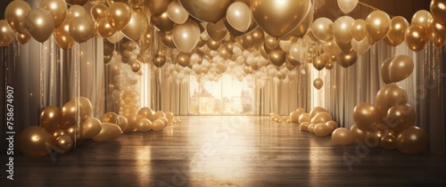 A room with gold balloons and a floor covered in gold. Generative AI.