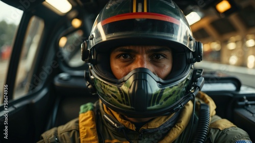 A man in a helmet and a military uniform sitting in a car. Generative AI. © serg3d