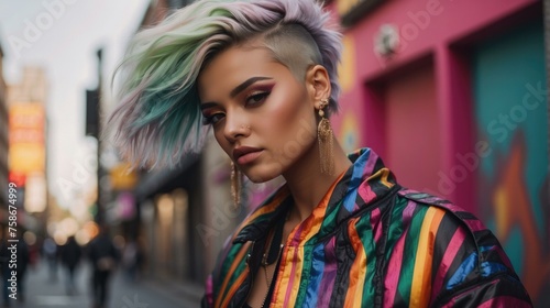 Wallpaper Mural A woman with a colorful striped jacket and a shaved head. Generative AI. Torontodigital.ca