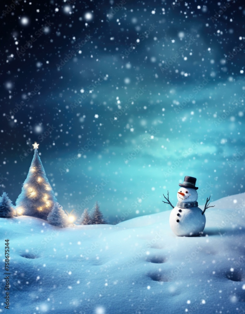 A snowman in a top hat and a tree in the background. Generative AI.