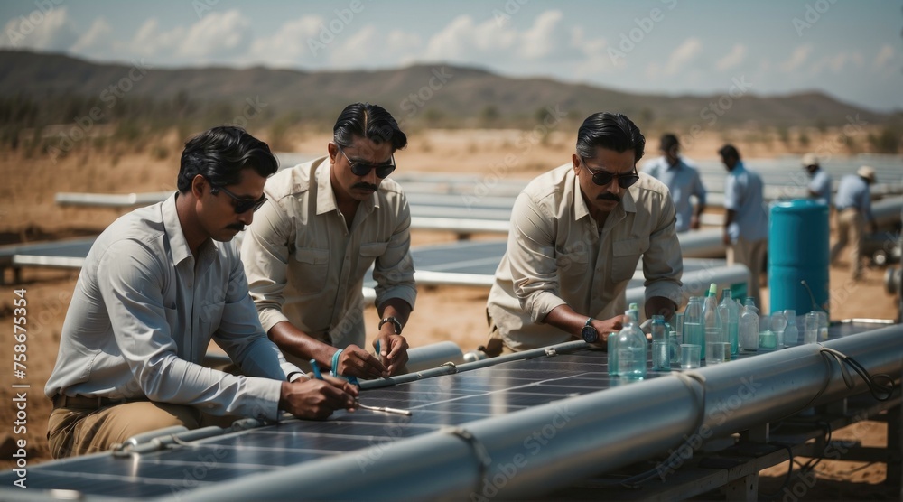 Three men working on a solar panel in the desert. Generative AI. Three men working on a solar panel in the desert. Generative AI.