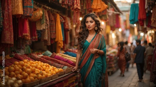 A woman in a blue sari walking through a market. Generative AI.