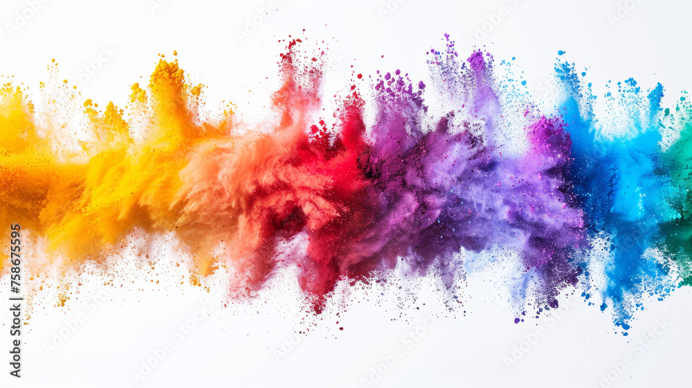Vibrant multicolored powder explosion on white background