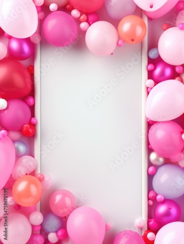 A white frame surrounded by pink and white balloons. Generative AI.