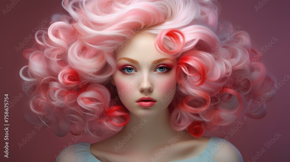 A woman with a very large pink wig on her head. Generative AI.
