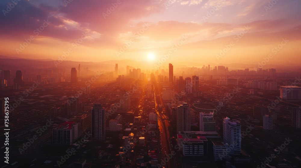Fototapeta premium Stunning cityscape at sunrise with glowing skyline and warm light