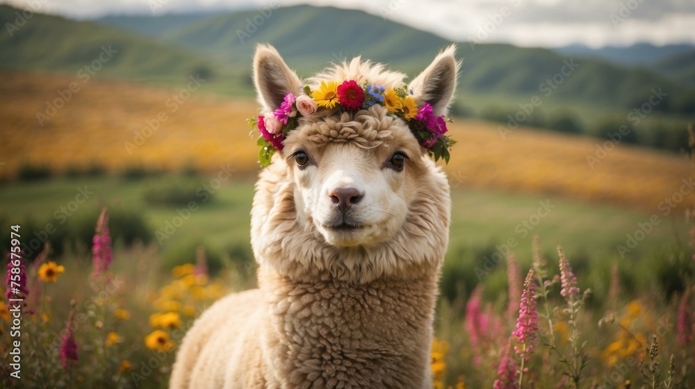 Fototapeta premium A llama with a flower crown on its head in a field. Generative AI.