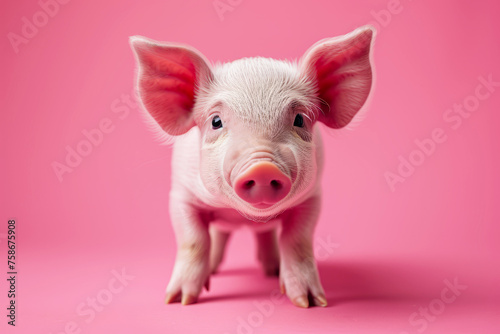 Adorable piglet standing against a pink background in studio setting © Robert Kneschke