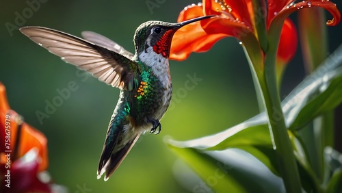 hummingbird Flying in a natural tropical wood habitat, red flower, green violet ear, green forest in background. Small colorful bird in flight photo