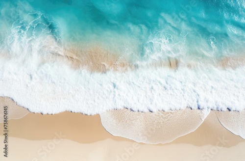 An aerial view of a beach with waves and a body of water. Generative AI.
