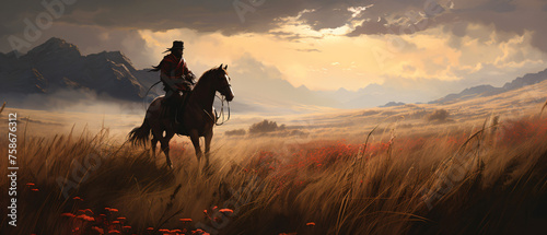 A man riding a horse in the middle of tall grass AI .. © Jafger