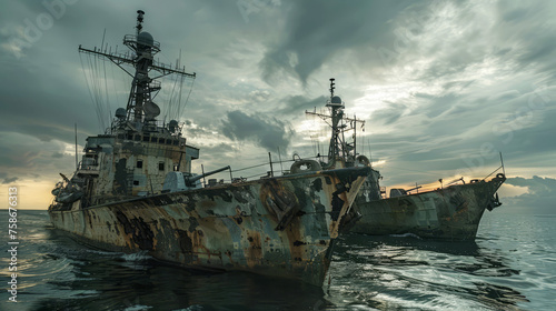 Aging warships at sea with overcast sky creating a somber maritime scene