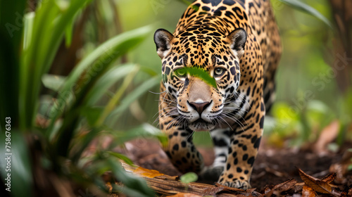 Majestic Jaguar prowling through the lush jungle foliage  showcasing its powerful presence