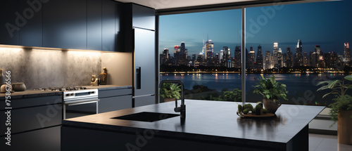 A modern kitchen with a black marble counter top and s