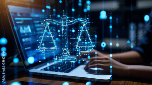 Legal advice concept with virtual icons of law, justice scale, and lawyer's tools over computer photo