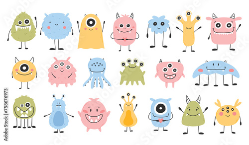Set with cute monsters in flat style. Hand drawn kids monsters. vector illustration. Isolated mascot.