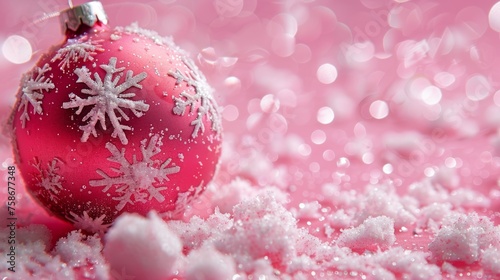 Pink Christmas Ornaments with Snowflakes on a Pink Background
