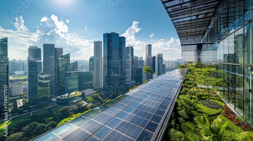 photovoltaic panels or solar panels on the roof of an apartment building in a tropical climate with a modern city skyline in background, with clear blue sky, green plants, sustainable energy concept,  photo