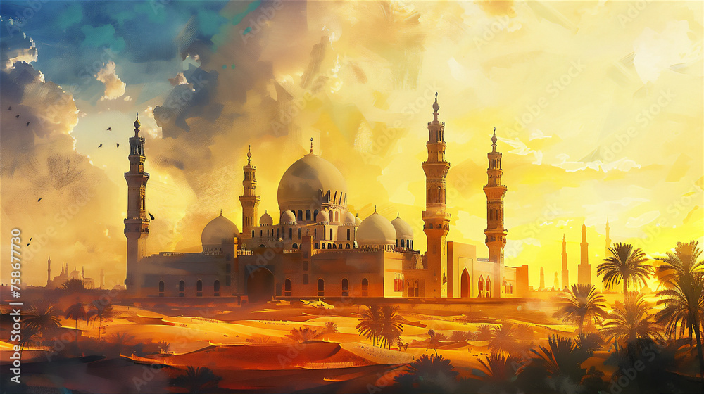 Impression Painting of Mosque with sunset sky
