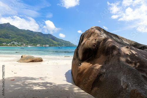 Beau Vallon Beach, Seychelles. Coastal view with white sand and rocks