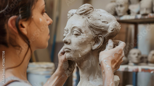 A sculptor carefully adds intricate details to a clay figure in a well-equipped studio