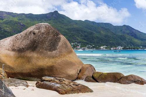Beau Vallon, Seychelles. Beach view with white sand and coastal stones