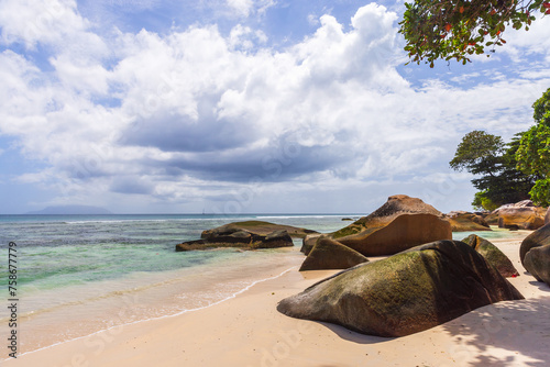 Seychelles. Coastal view with white sand and rocks
