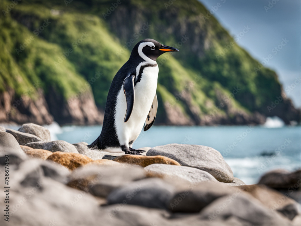 Obraz premium Penguin standing on the stone at the beach.