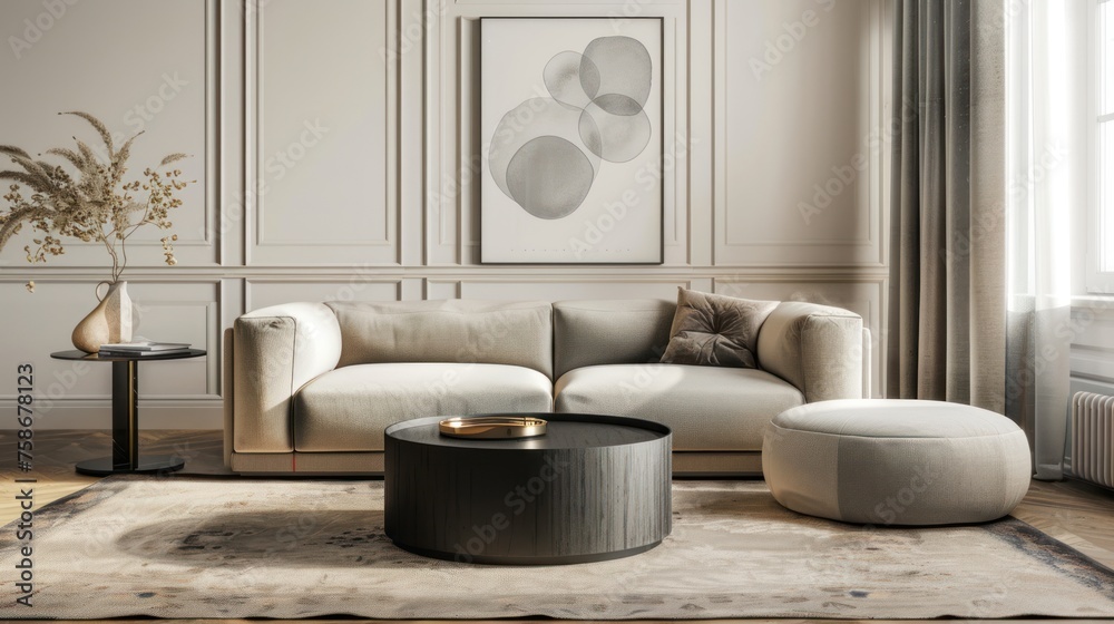Realistic Round coffee table on beige rug near cozy sofa in room with classic paneling and poster. Scandinavian home interior design of modern living room Realistic Round coffee table on beige rug near cozy sofa in room with classic paneling and poster. Scandinavian home interior design of modern living room