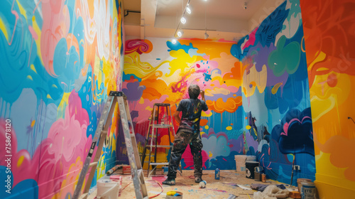 An artist paints a vibrant, colorful mural on a room's walls using various paint colors © road to millionaire
