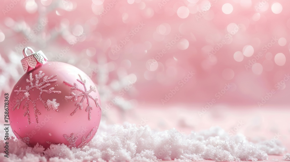 Pink Christmas Ornaments with Snowflakes on a Pink Background Pink Christmas Ornaments with Snowflakes on a Pink Background