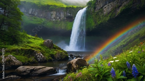 waterfall in Iceland with rainbow in summer.