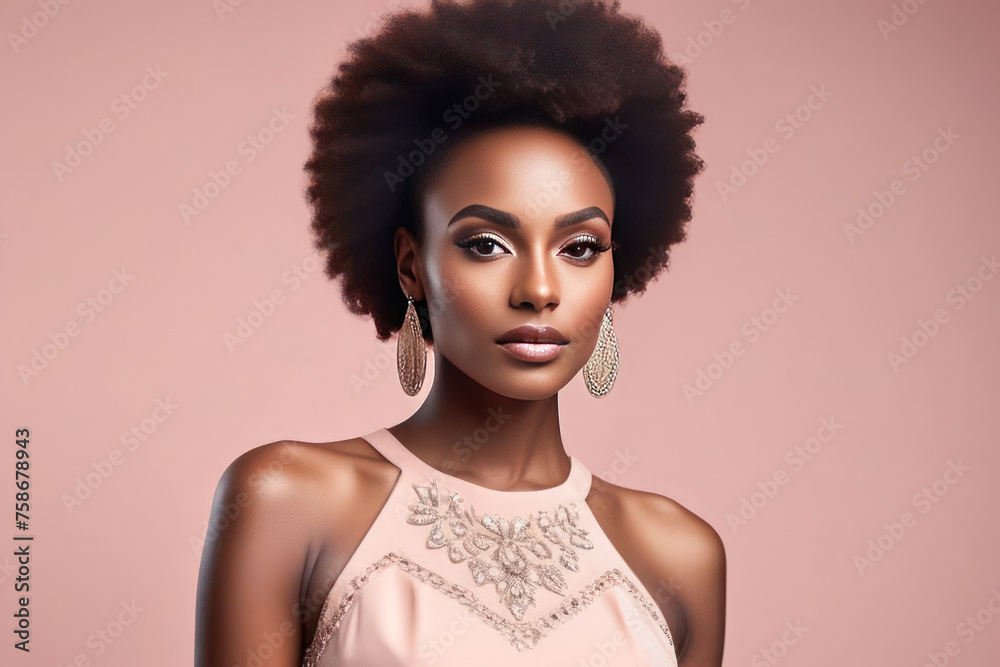 Dark-skinned girl model in the studio against a peach-colored background. The model looks at the camera and smiles. Girl in evening dress and space for text. Dark-skinned girl model in the studio against a peach-colored background. The model looks at the camera and smiles. Girl in evening dress and space for text.