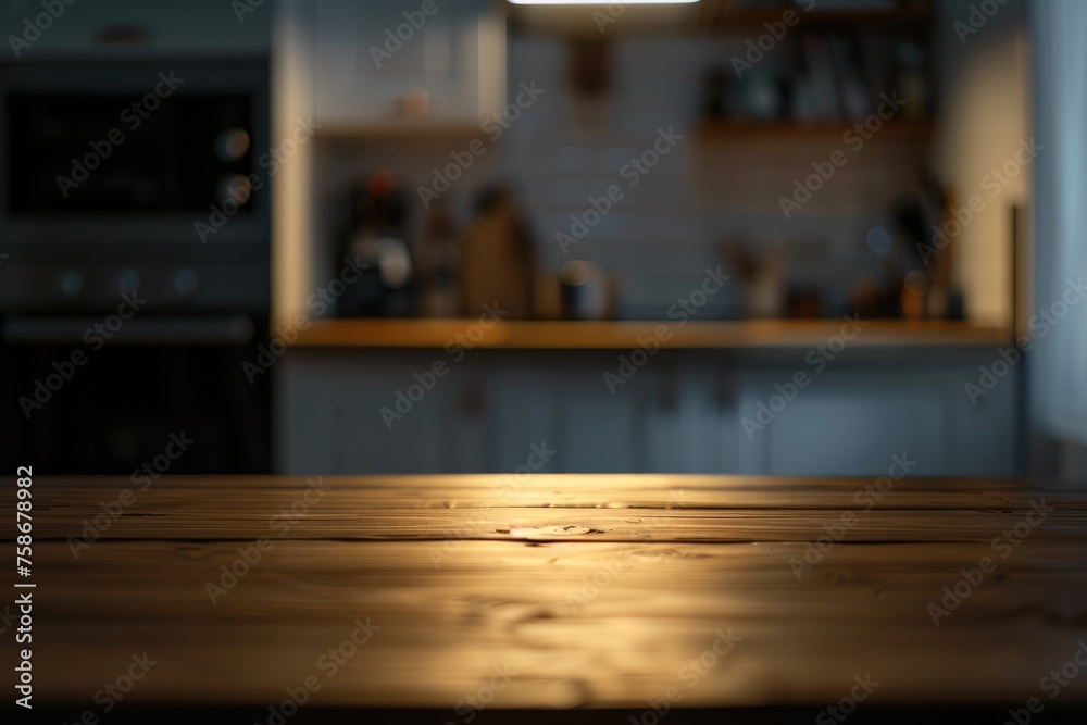 Empty wooden countertop with blurred modern kitchen background, space for display or montage - AI generated