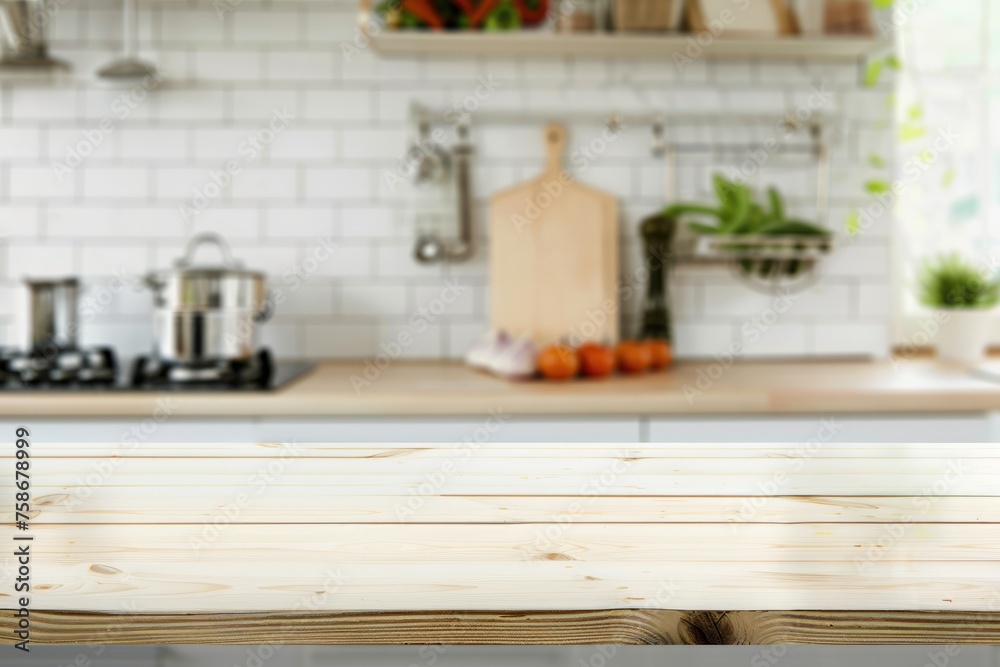 Empty wooden countertop with blurred modern kitchen background, space for display or montage - AI generated