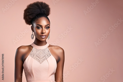 Dark-skinned girl model in the studio against a peach-colored background. The model looks at the camera and smiles. Girl in evening dress and space for text.