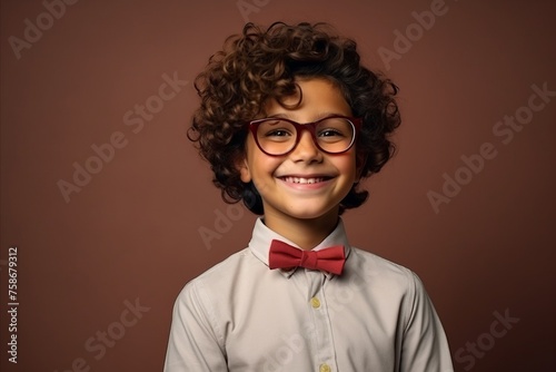 Portrait of a little boy with curly hair wearing glasses and bow tie