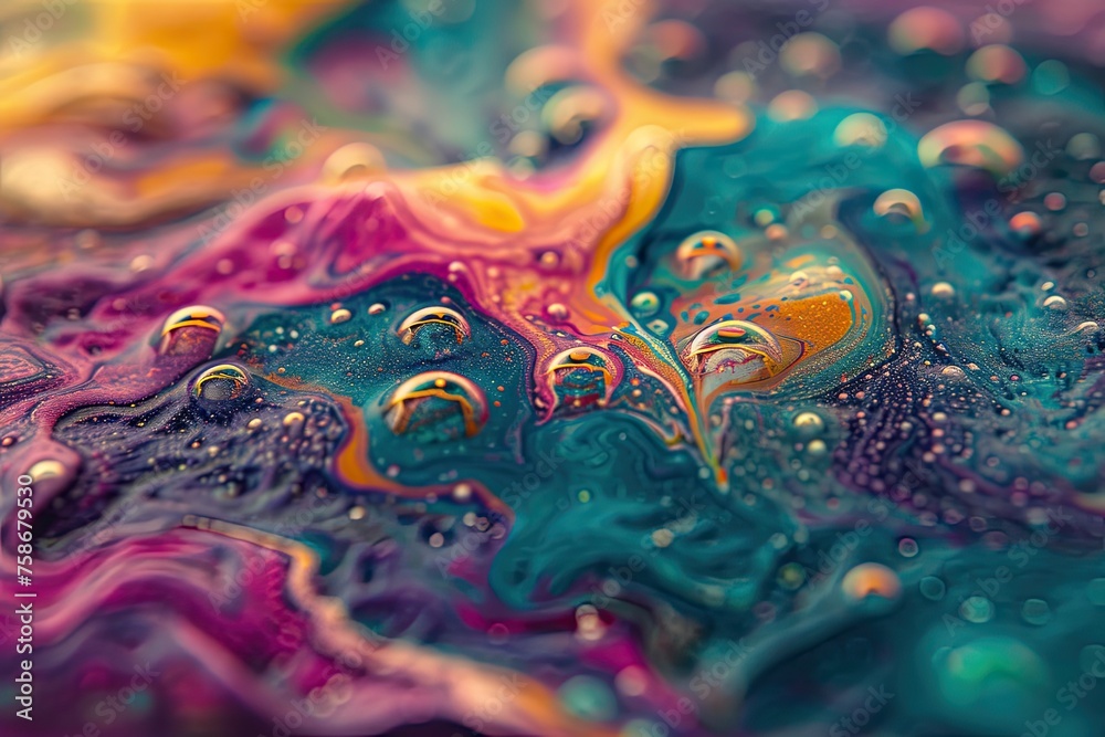 A colorful painting with many small bubbles