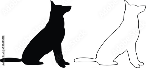Dogs silhouette icon set. black flat and line animal vector collection isolated on transparent background. Belgian malinois clipart, depict dog standing, walking, running, jumping and digging hole.