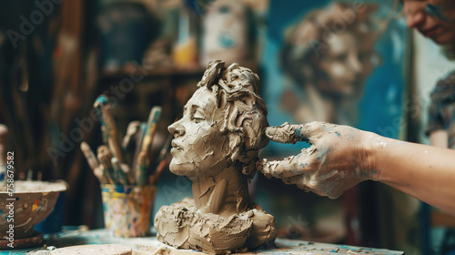 Artist s hands are seen skillfully manipulating wet clay into a figurative sculpture in a messy workshop